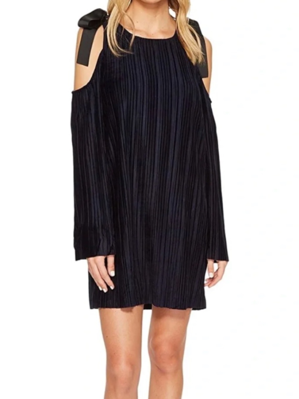 J.O.A. Pleated Cold Shoulder Tie Mini Dress Women's Size Small Navy Blue (C)
